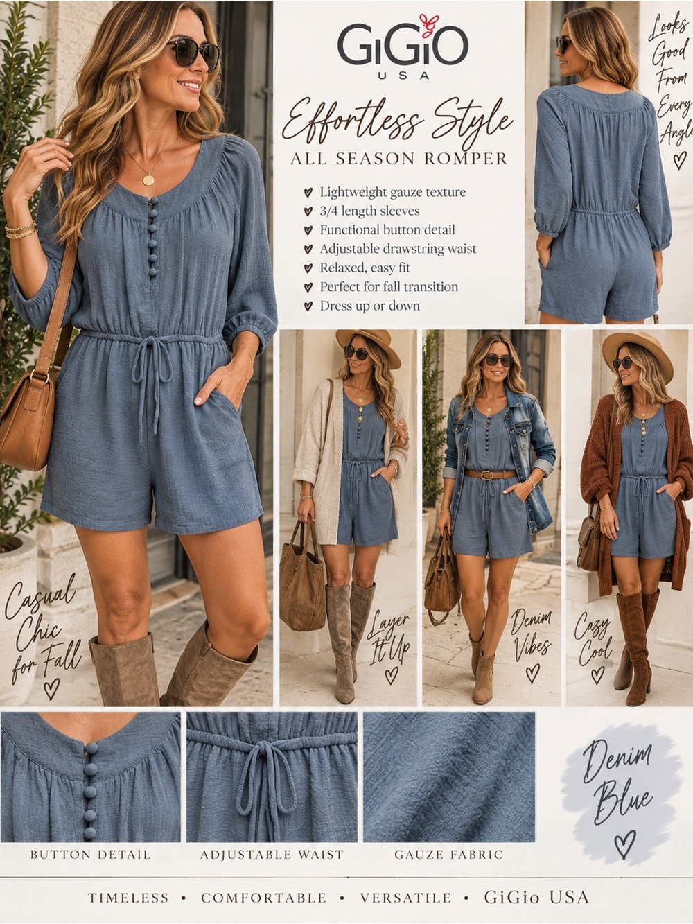 GiGio Denim Blue Women's Gauze Romper with Drawstring Waist